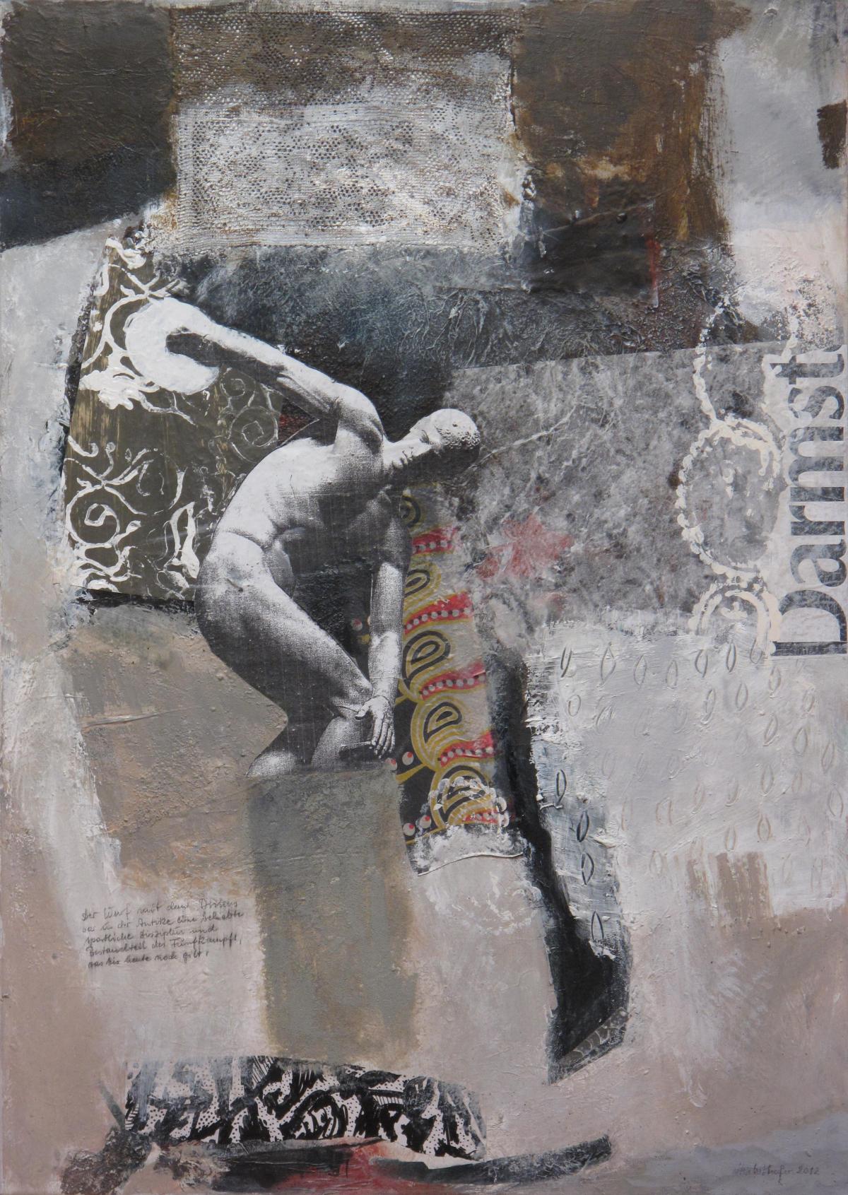 Diskuswerfer, 2012, Acryl und Collage auf Leinwand, 100 x 70 cm